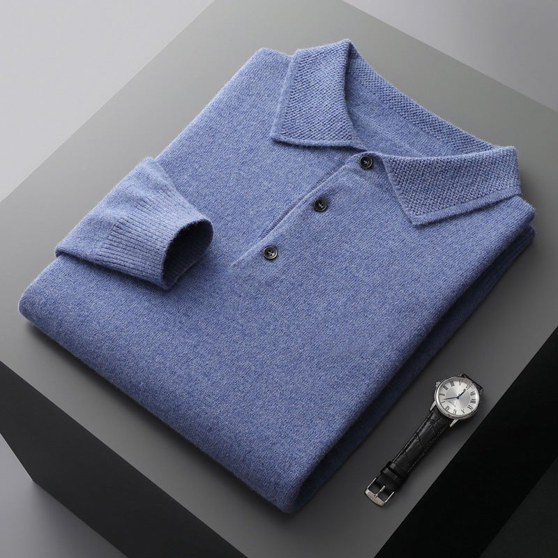 Men's Knit Cotton Long Sleeve Three-Button Polo Sweater - Blue