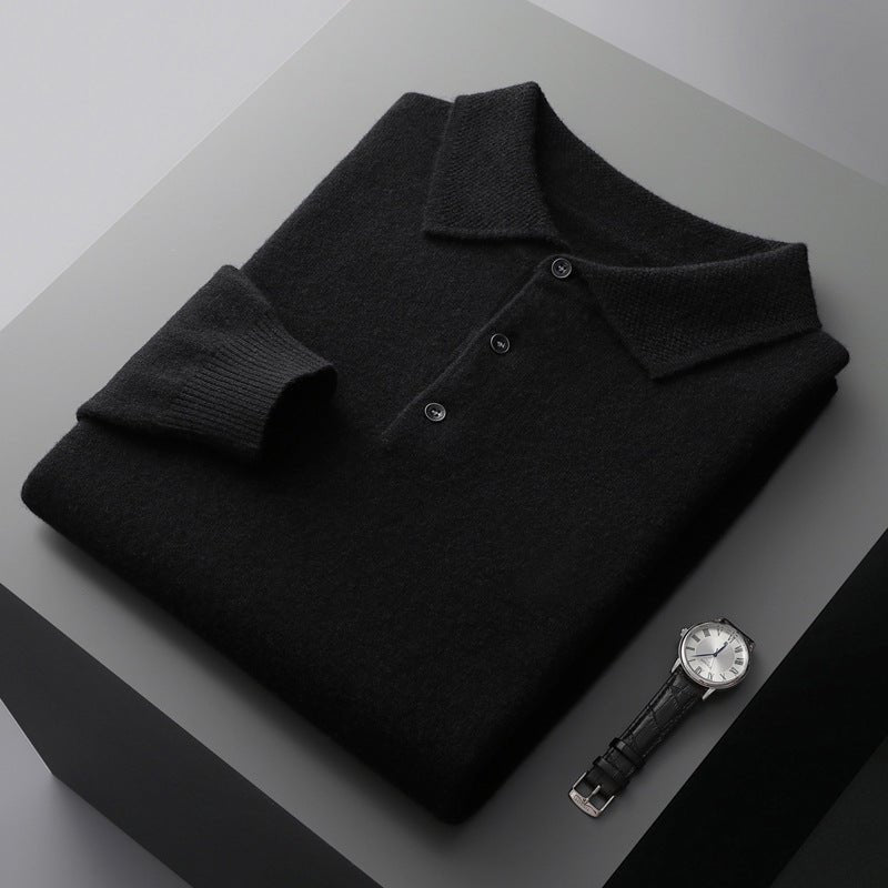 Men's Knit Cotton Long Sleeve Three-Button Polo Sweater - Black