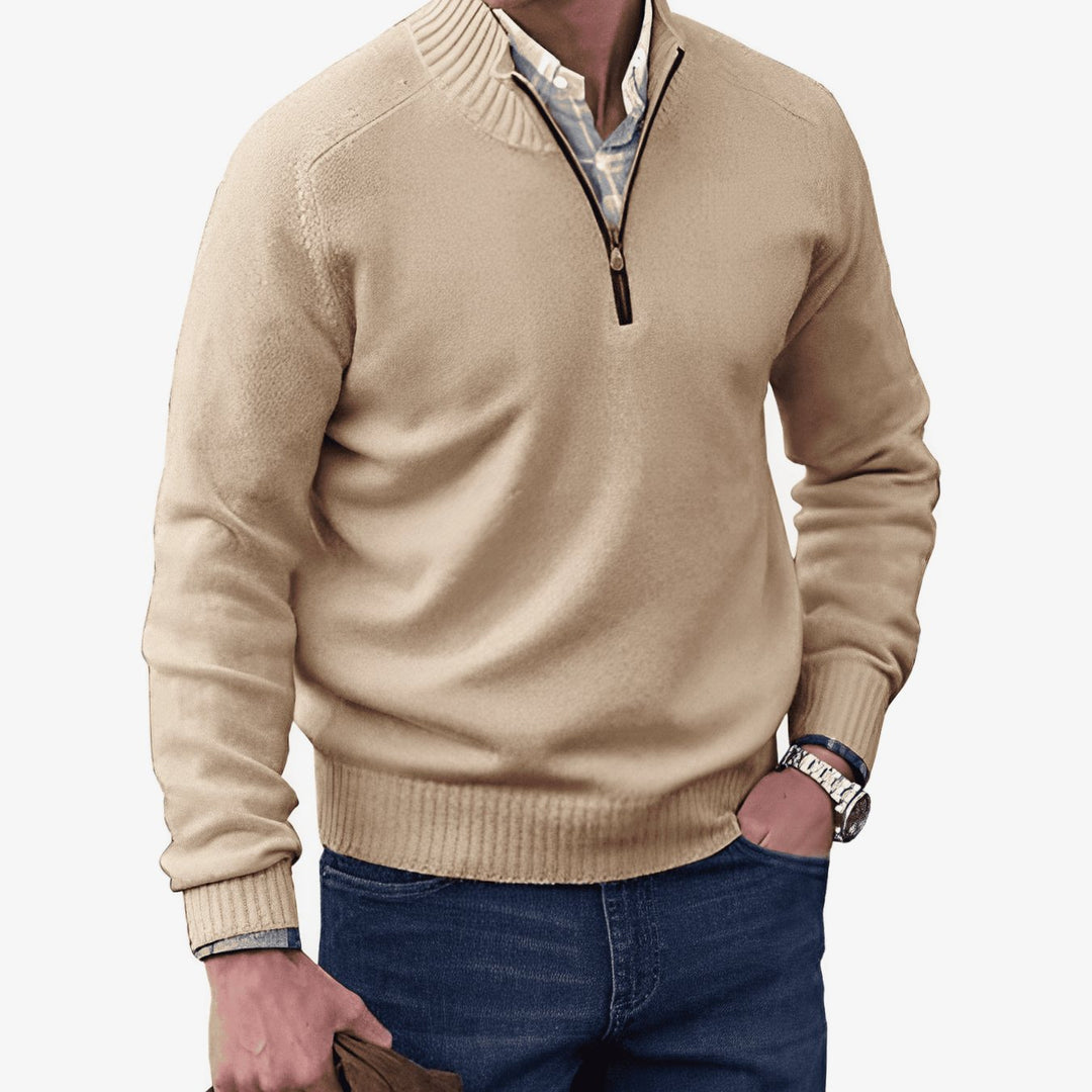 Men's Knit Half-Zip Pullover Jumper Mock Neck Sweater - Brown