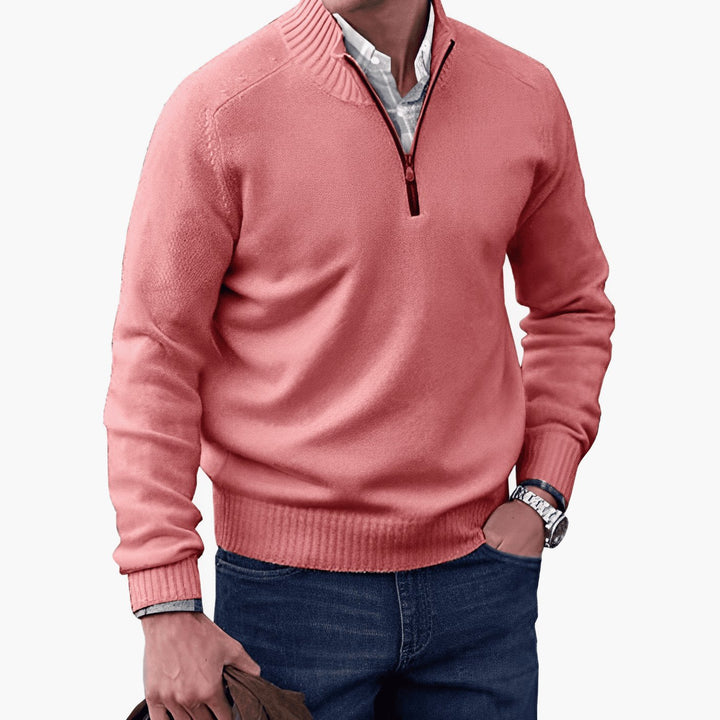 Men's Knit Half-Zip Pullover Jumper Mock Neck Sweater - Pink