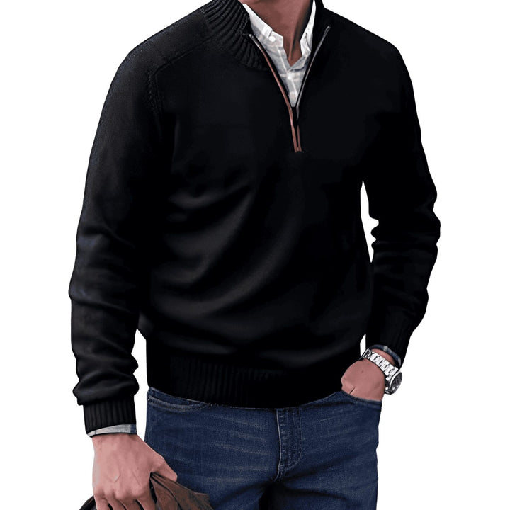 Men's Knit Half-Zip Pullover Jumper Mock Neck Sweater - Black
