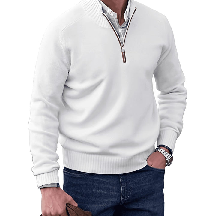 Men's Knit Half-Zip Pullover Jumper Mock Neck Sweater - White