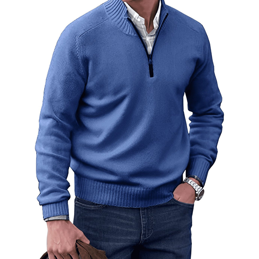 Men's Knit Half-Zip Pullover Jumper Mock Neck Sweater - Blue