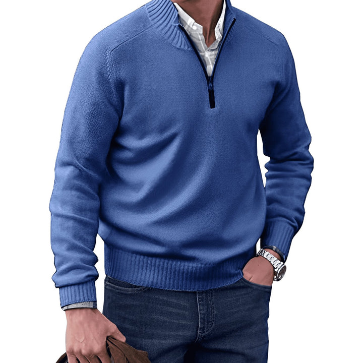 Men's Knit Half-Zip Pullover Jumper Mock Neck Sweater - Blue