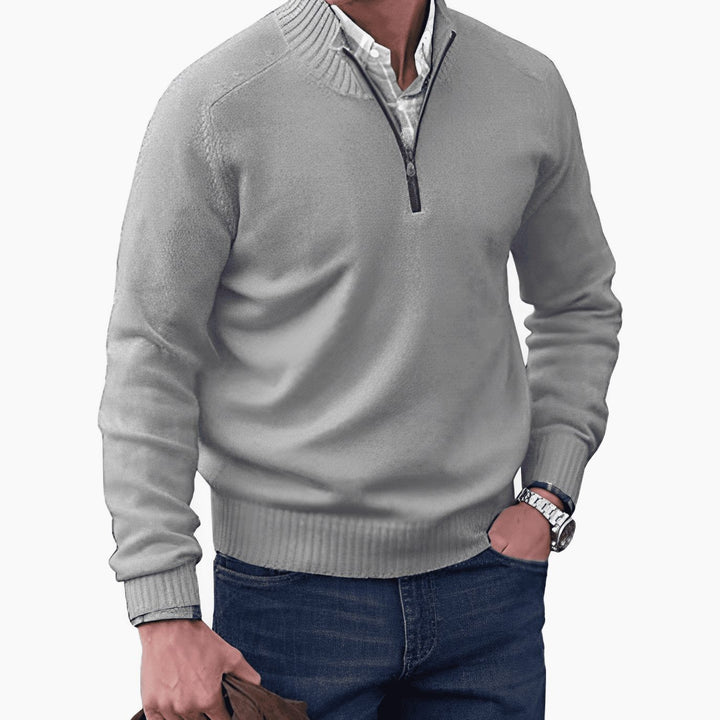 Men's Knit Half-Zip Pullover Jumper Mock Neck Sweater - Light Grey