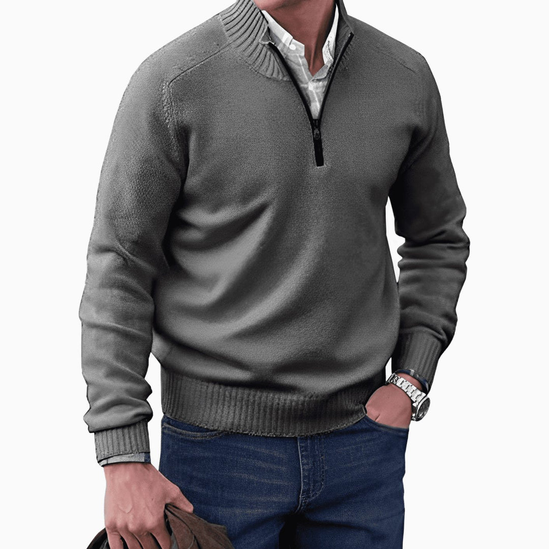 Men's Knit Half-Zip Pullover Jumper Mock Neck Sweater - Dark Grey
