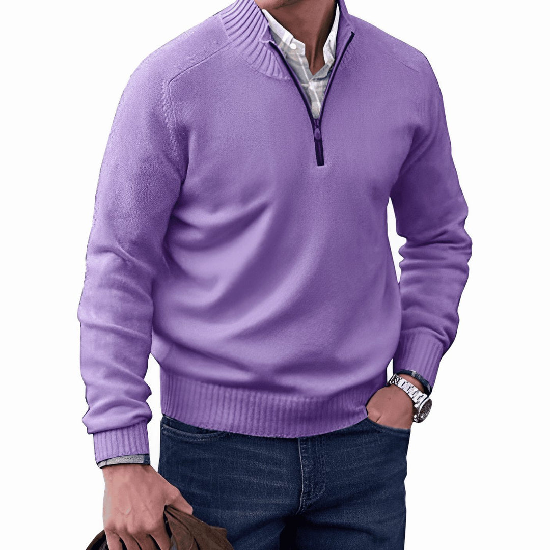 Men's Knit Half-Zip Pullover Jumper Mock Neck Sweater - Purple
