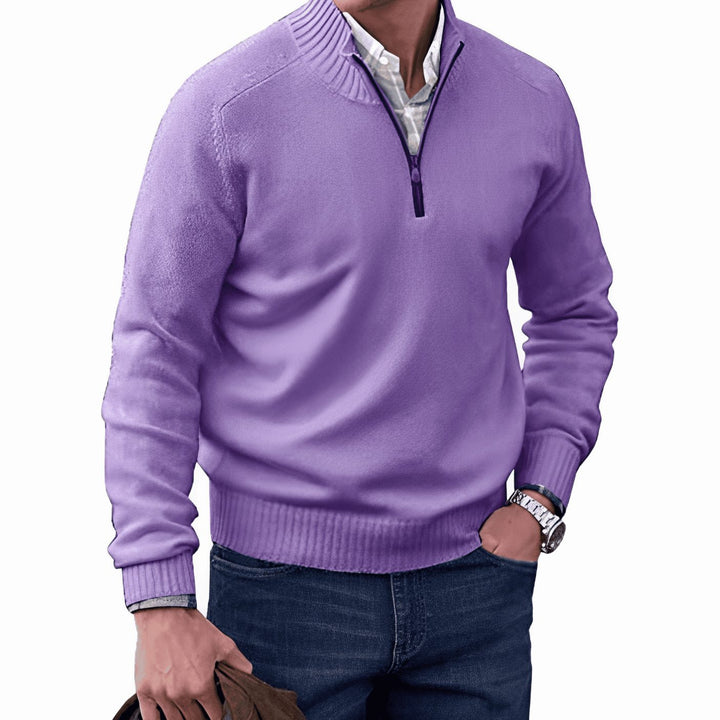 Men's Knit Half-Zip Pullover Jumper Mock Neck Sweater - Purple