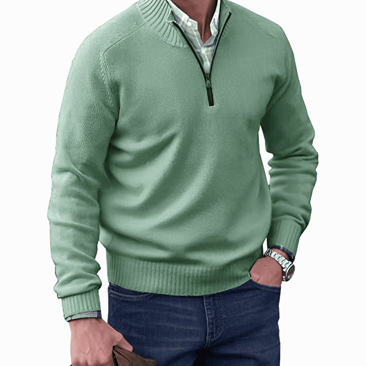 Men's Knit Half-Zip Pullover Jumper Mock Neck Sweater - Green