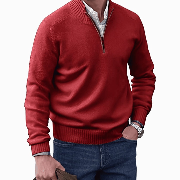 Men's Knit Half-Zip Pullover Jumper Mock Neck Sweater - Red