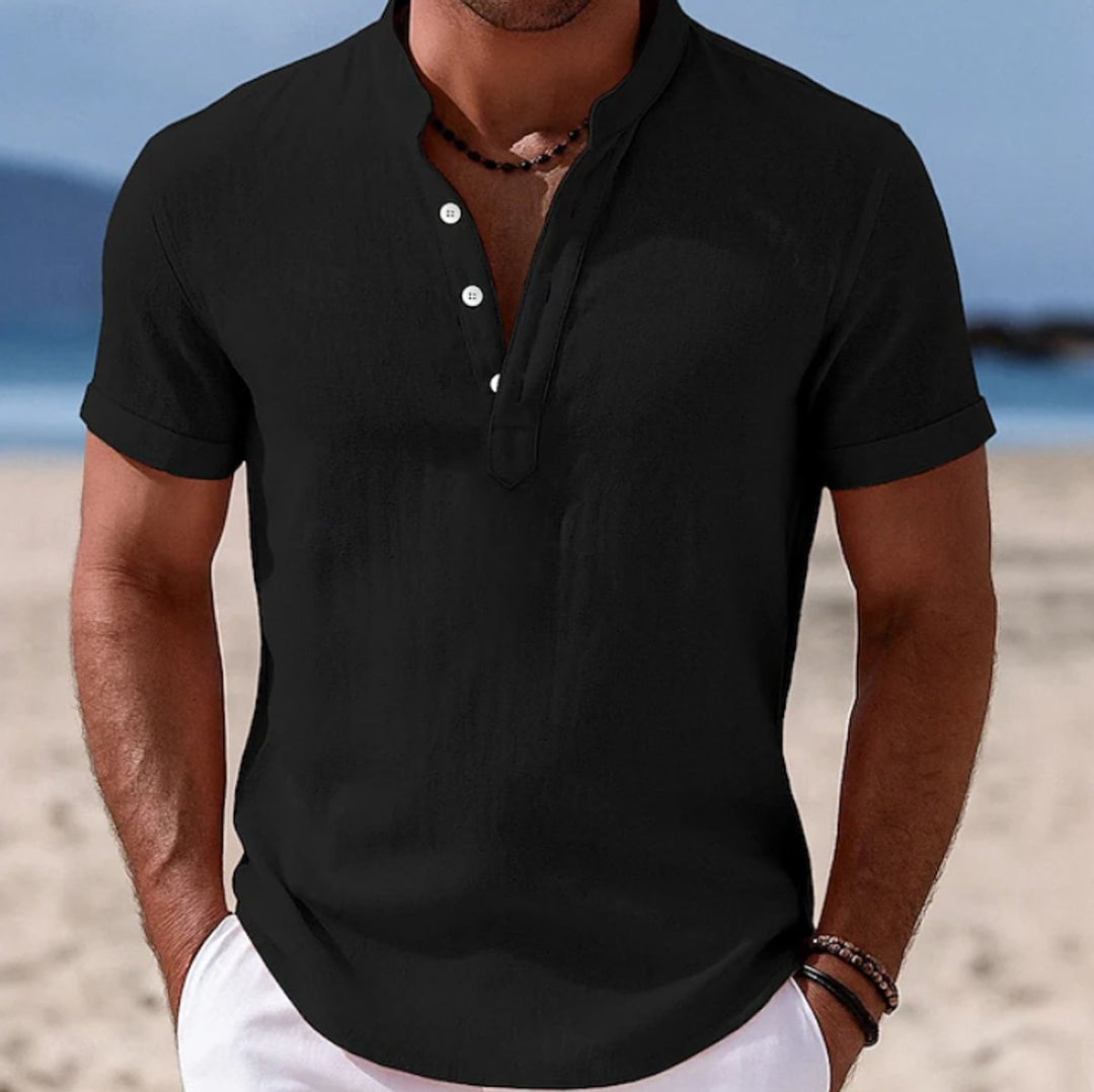 Men's Lightweight Linen-Feel Short-Sleeve Henley Button Shirt - Black