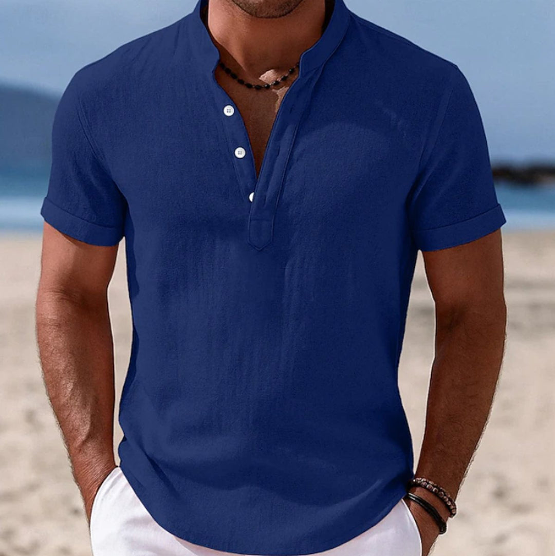 Men's Lightweight Linen-Feel Short-Sleeve Henley Button Shirt - Blue