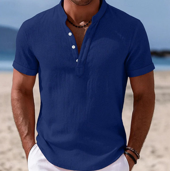 Men's Lightweight Linen-Feel Short-Sleeve Henley Button Shirt - Blue
