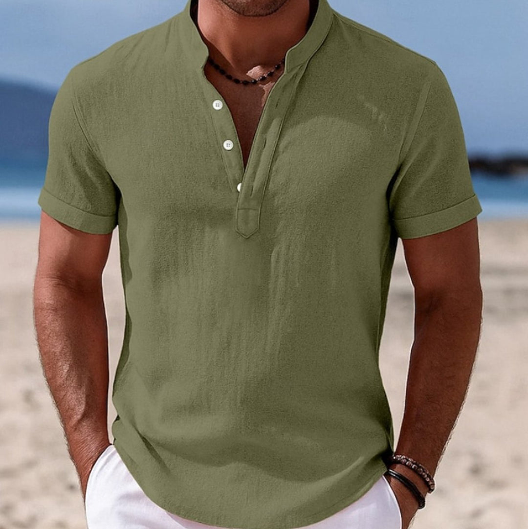 Men's Lightweight Linen-Feel Short-Sleeve Henley Button Shirt - Green