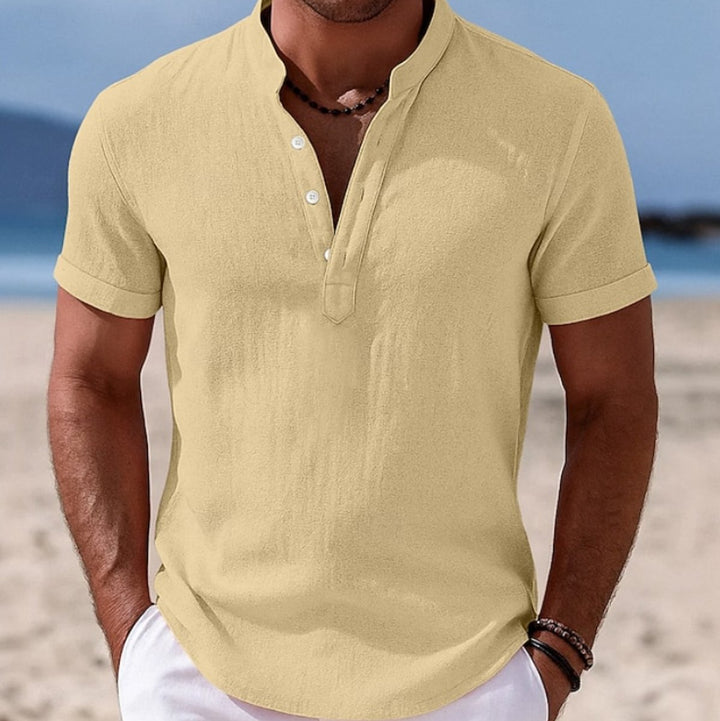 Men's Lightweight Linen-Feel Short-Sleeve Henley Button Shirt - Yellow