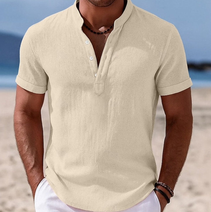 Men's Lightweight Linen-Feel Short-Sleeve Henley Button Shirt - Beige