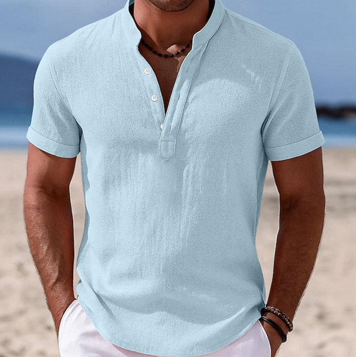 Men's Lightweight Linen-Feel Short-Sleeve Henley Button Shirt - Light Blue