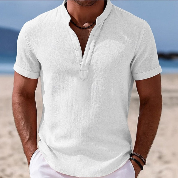 Men's Lightweight Linen-Feel Short-Sleeve Henley Button Shirt - White
