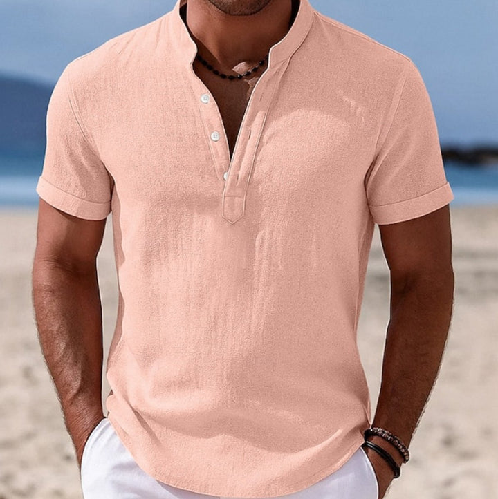 Men's Lightweight Linen-Feel Short-Sleeve Henley Button Shirt - Pink