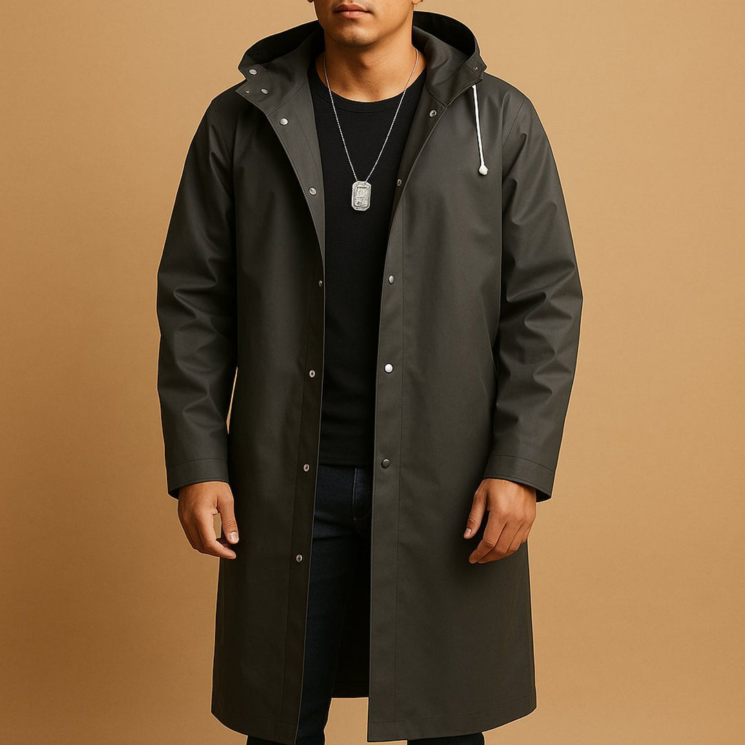 Men's Long Hooded Waterproof EVA Rain Jacket Longline Snap-Button