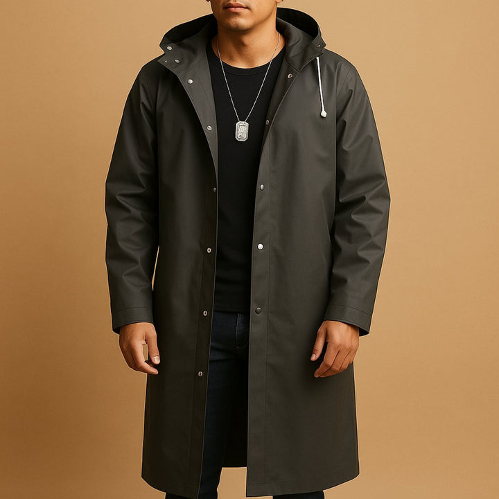 Men's Long Hooded Waterproof EVA Rain Jacket Longline Snap-Button