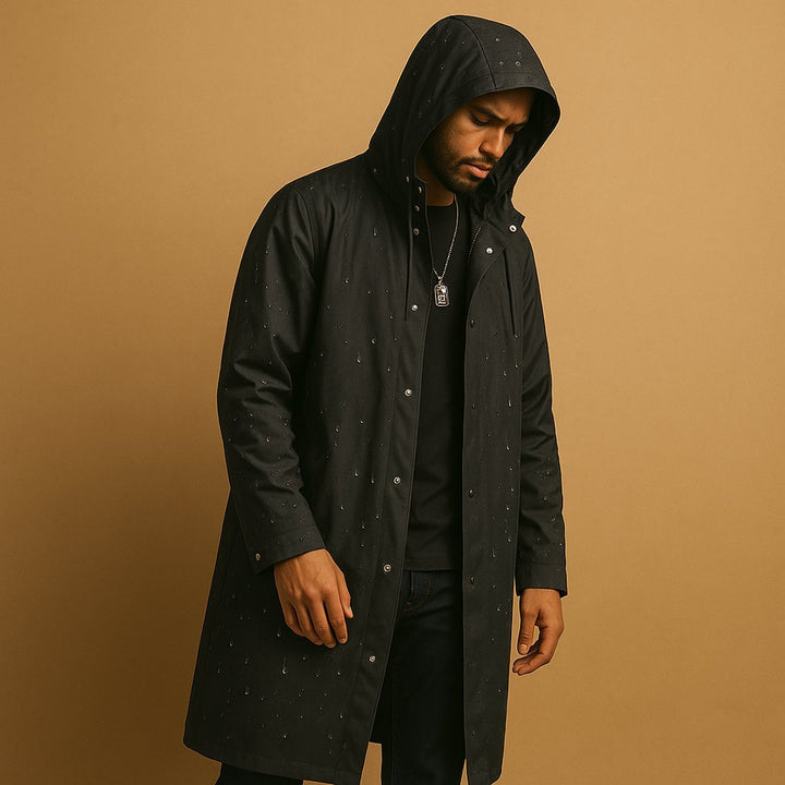 Men's Long Hooded Waterproof EVA Rain Jacket Longline Snap-Button
