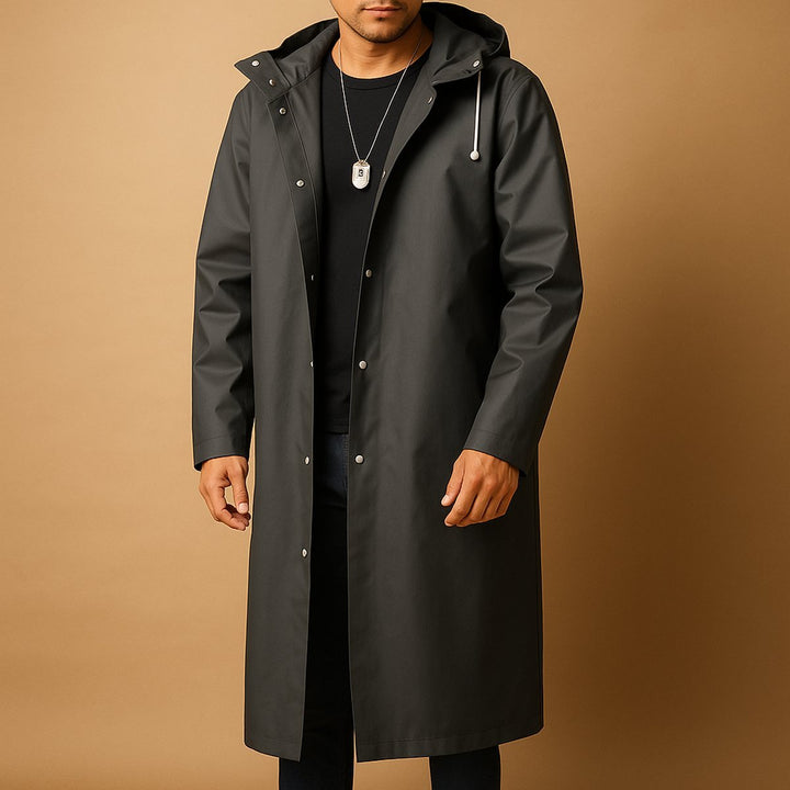 Men's Long Hooded Waterproof EVA Rain Jacket Longline Snap-Button - Black