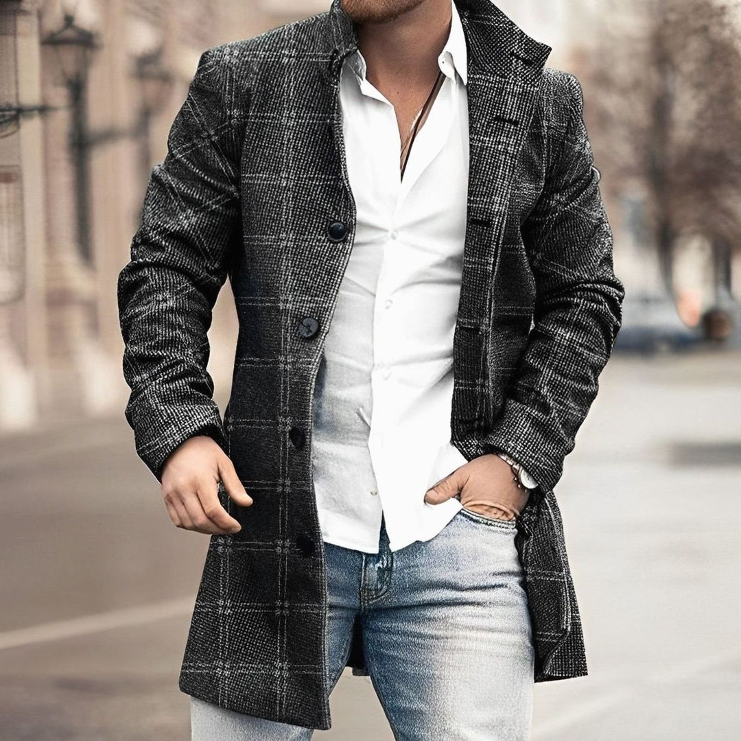Men's Long Single-Breasted Button Up Coat Tailored Overcoat - Black