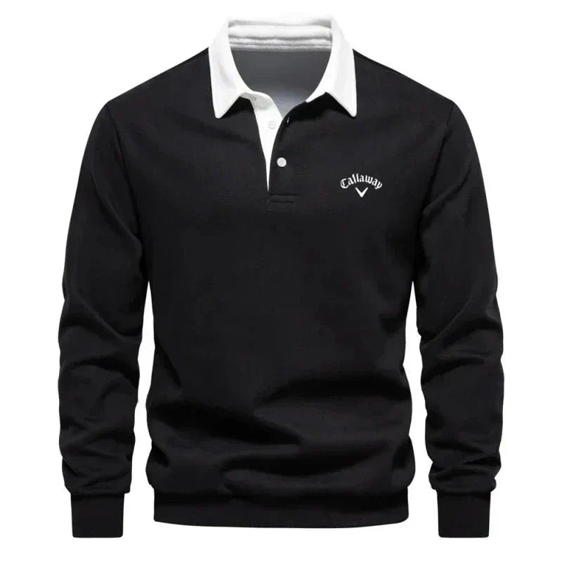 Men's Long-Sleeve Cotton-Blend Contrast Collar Golf Polo Sweater - Black