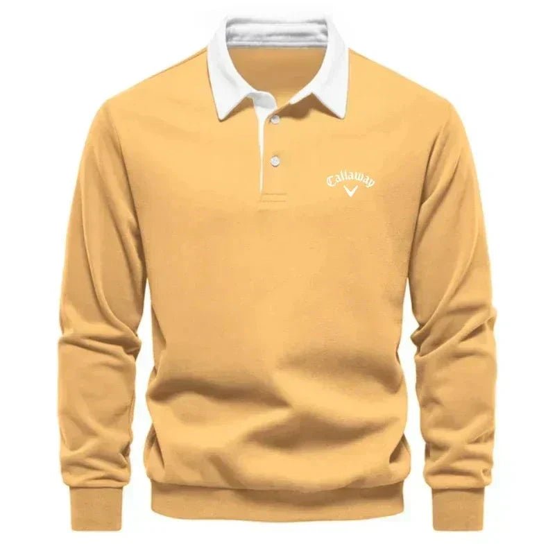 Men's Long-Sleeve Cotton-Blend Contrast Collar Golf Polo Sweater - Yellow