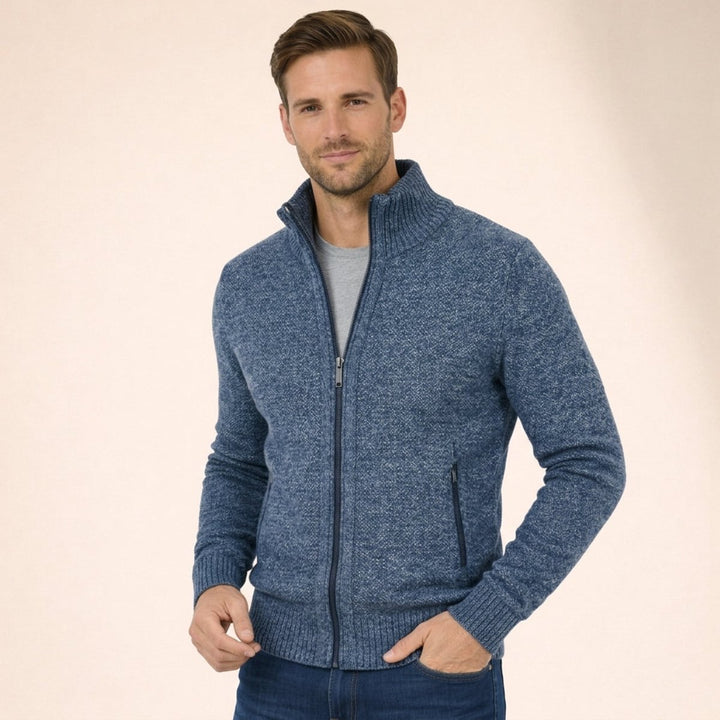 Men's Merino Wool Full-Zip Sweater Mock Neck - Blue
