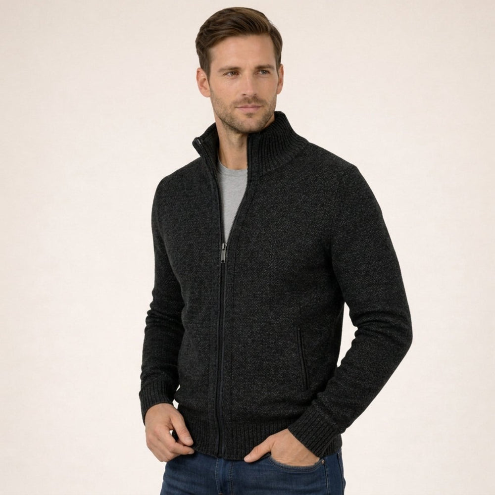 Men's Merino Wool Full-Zip Sweater Mock Neck - Black