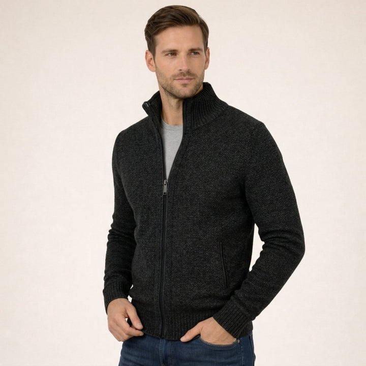 Men's Merino Wool Full-Zip Sweater Mock Neck - Black