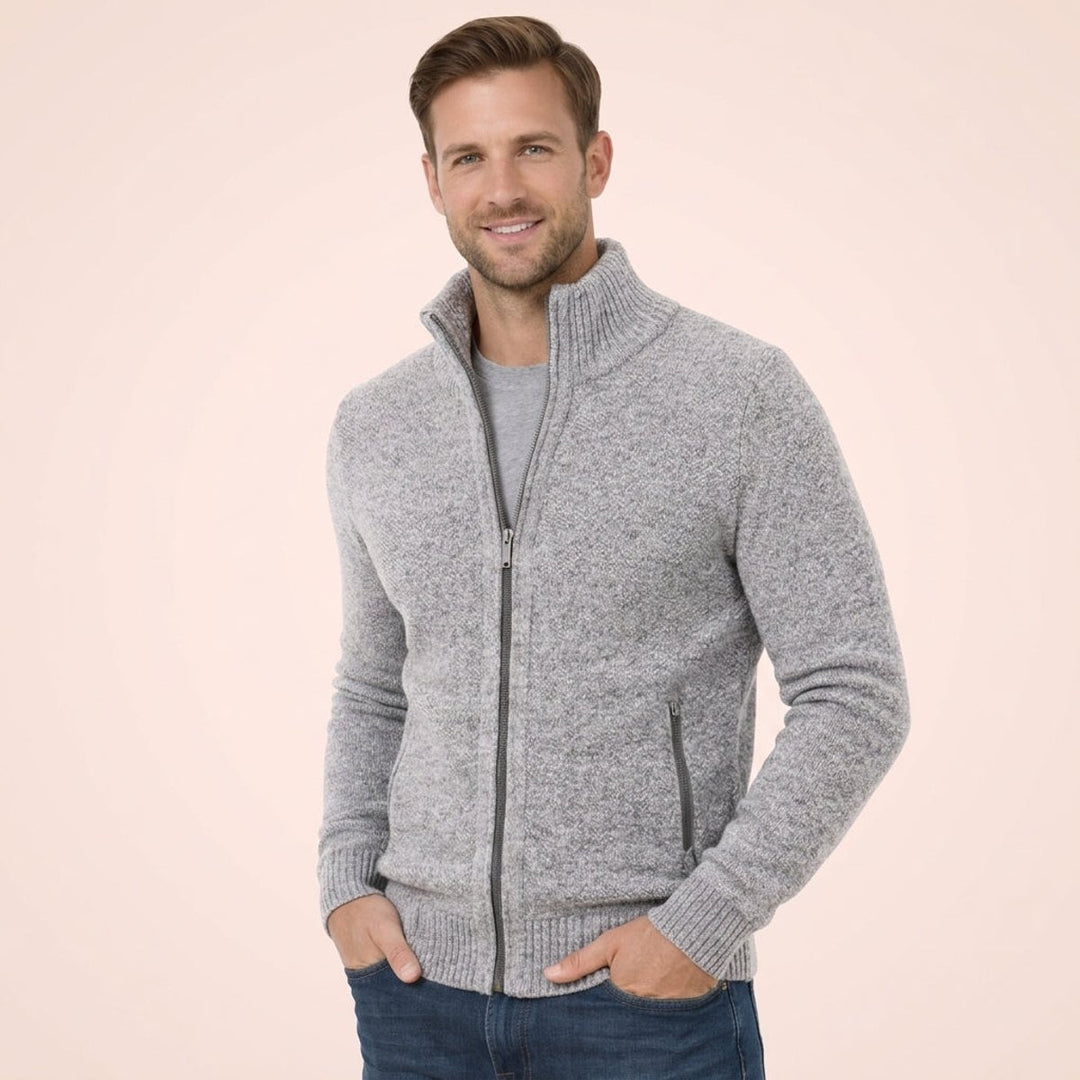 Men's Merino Wool Full-Zip Sweater Mock Neck - Gray