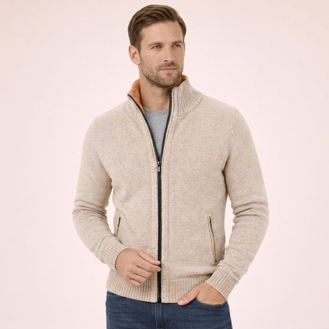 Men's Merino Wool Full-Zip Sweater Mock Neck - Cream