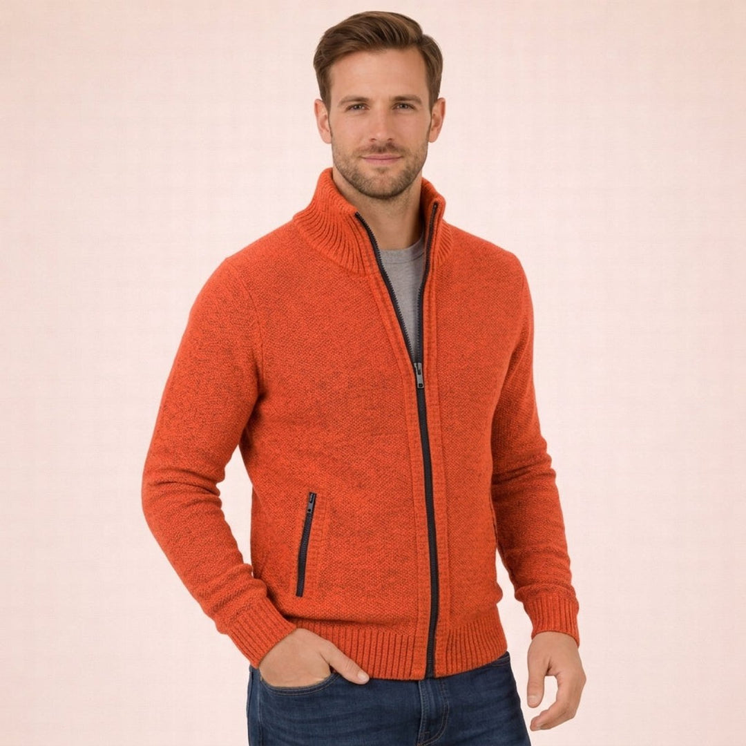 Men's Merino Wool Full-Zip Sweater Mock Neck - Orange