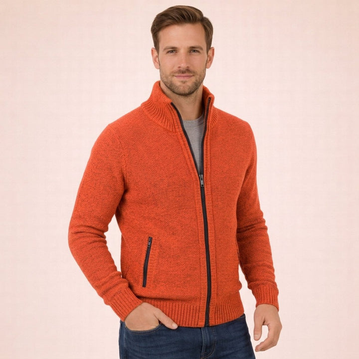 Men's Merino Wool Full-Zip Sweater Mock Neck - Orange