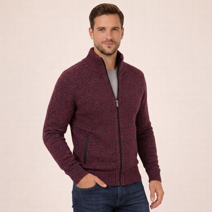 Men's Merino Wool Full-Zip Sweater Mock Neck - Burgundy