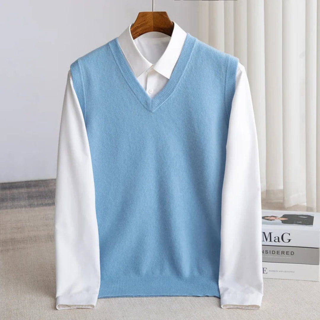 Men's Merino Wool V-Neck Sweater Vest Lightweight Layering - Blue