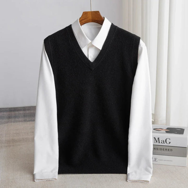 Men's Merino Wool V-Neck Sweater Vest Lightweight Layering - Black