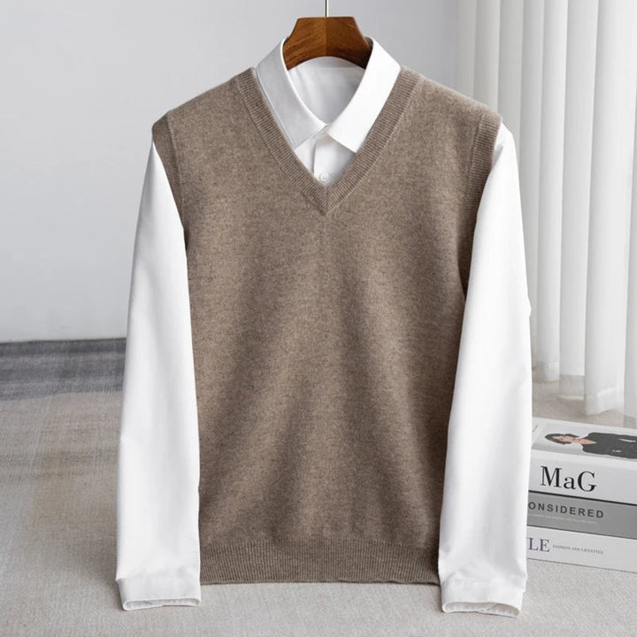 Men's Merino Wool V-Neck Sweater Vest Lightweight Layering - Camel