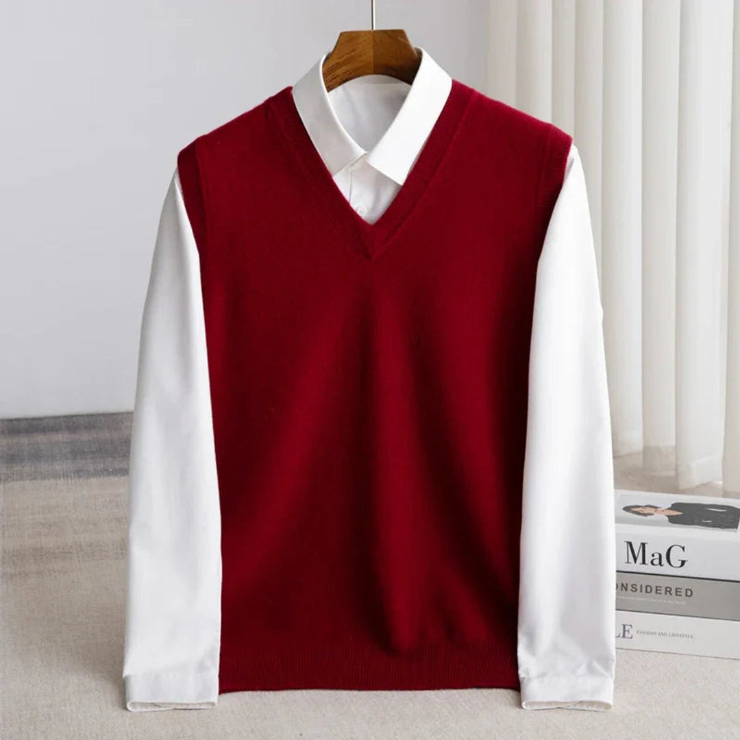 Men's Merino Wool V-Neck Sweater Vest Lightweight Layering - Burgundy