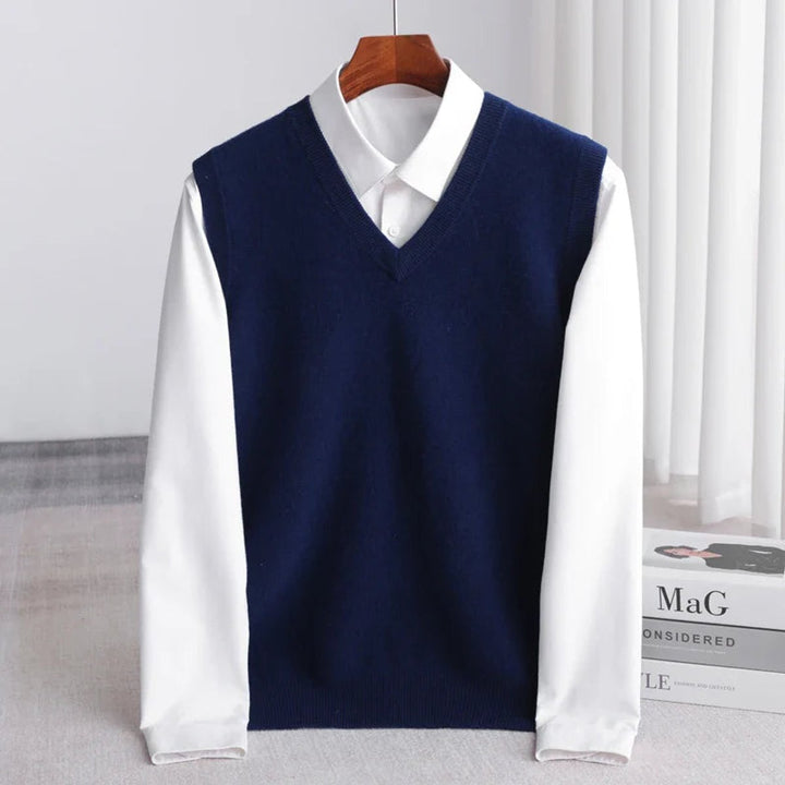 Men's Merino Wool V-Neck Sweater Vest Lightweight Layering - Navy Blue