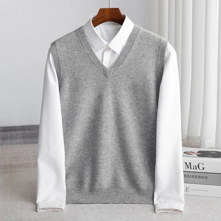 Men's Merino Wool V-Neck Sweater Vest Lightweight Layering - Gray