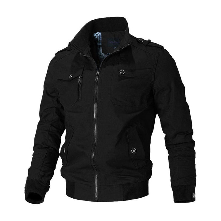 Men's Military-Style Zip-Up Mens Bomber Jacket Multi-Pocket - Black