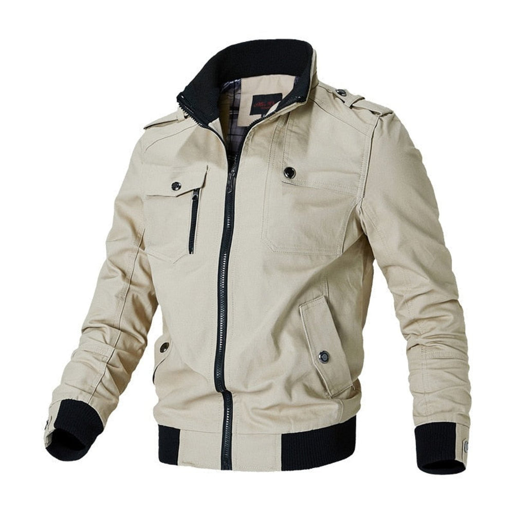 Men's Military-Style Zip-Up Mens Bomber Jacket Multi-Pocket - Khaki