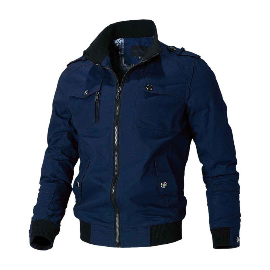 Men's Military-Style Zip-Up Mens Bomber Jacket Multi-Pocket - Blue