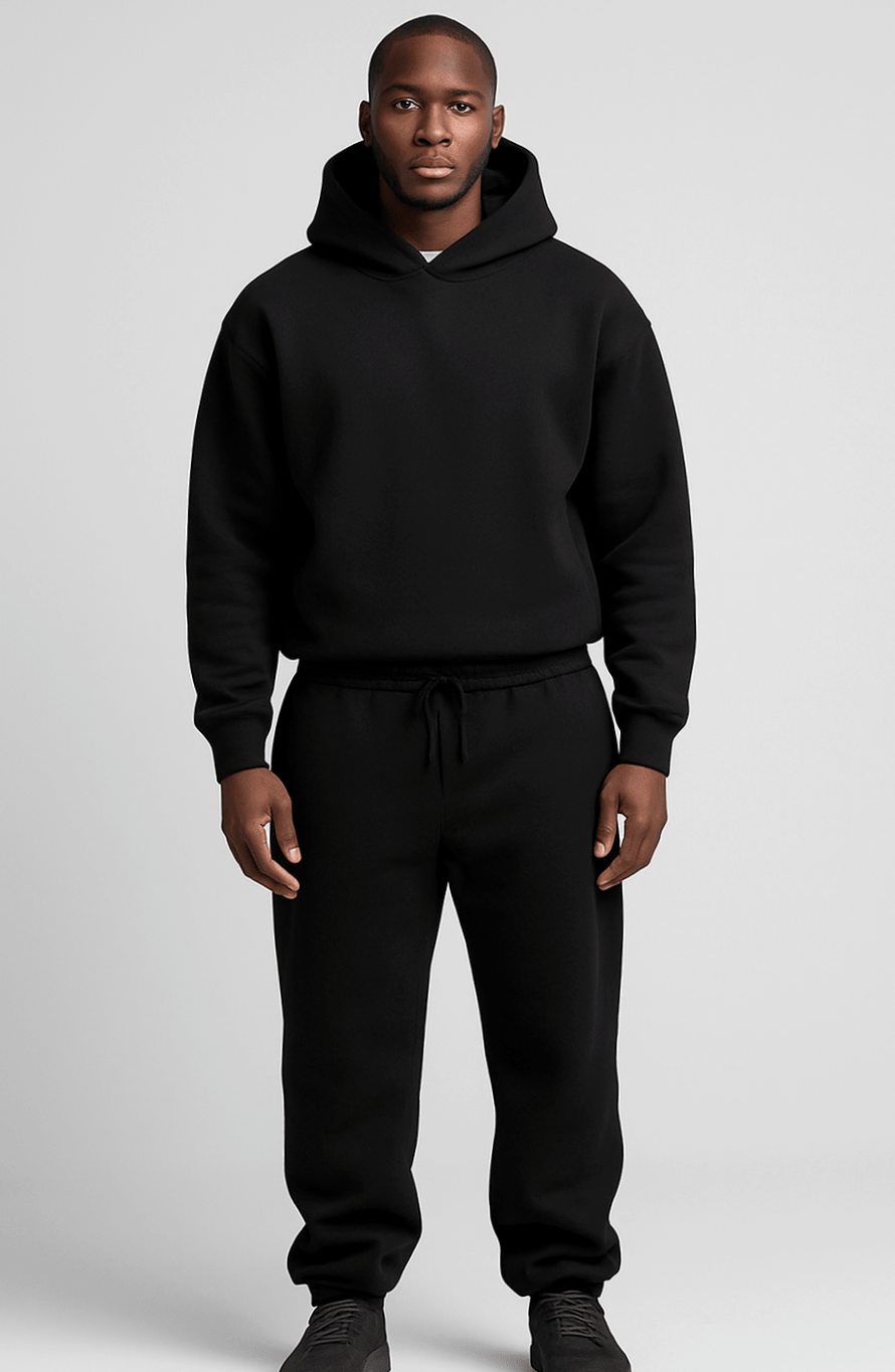 Men's Oversized Fleece Hoodie Jogger Tracksuit Set - Black