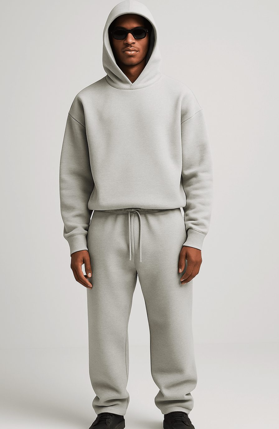 Men's Oversized Fleece Hoodie Jogger Tracksuit Set - Light Gray