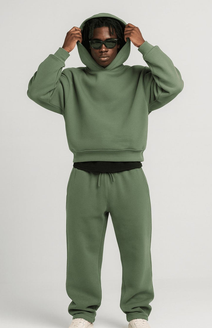 Men's Oversized Fleece Hoodie Jogger Tracksuit Set - Army Green